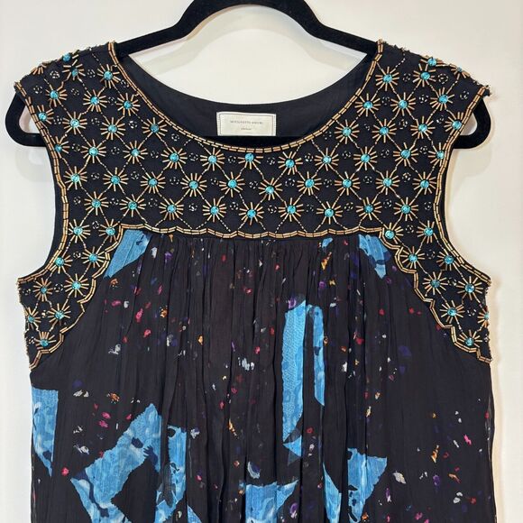 Anthropologie Moulinette Soeurs Lydia Black Beaded Floral Swing Dress 2P Boho - Picture 3 of 11
